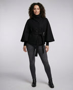 Women's belted wrap jacket with high collar and wide sleeves