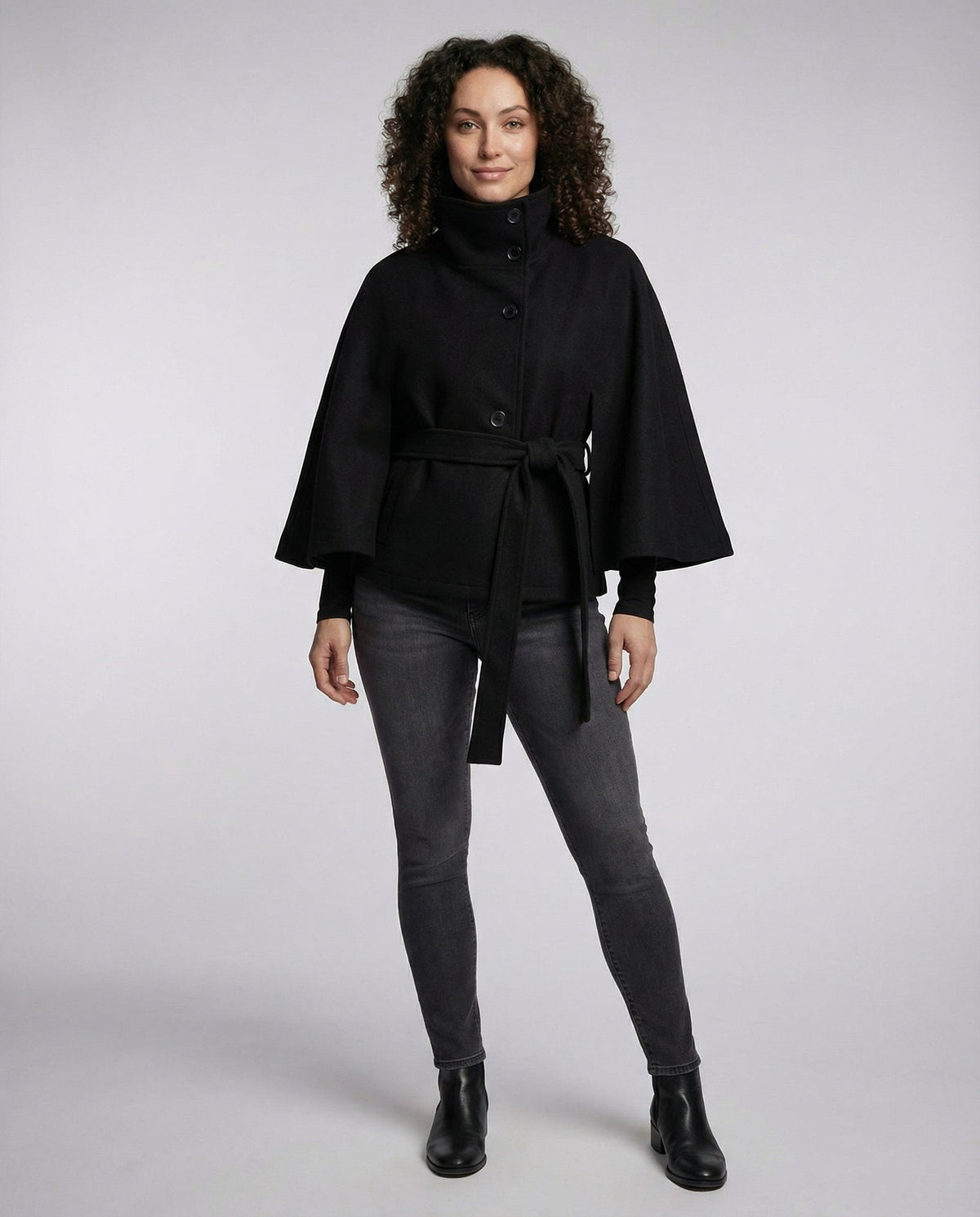 Women's belted wrap jacket with high collar and wide sleeves