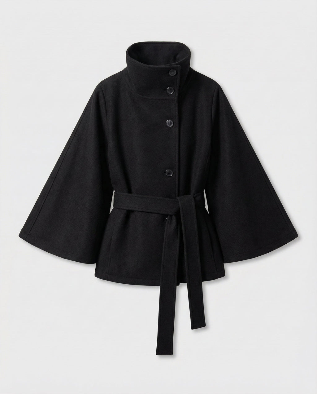 Women's belted wrap jacket with high collar and wide sleeves