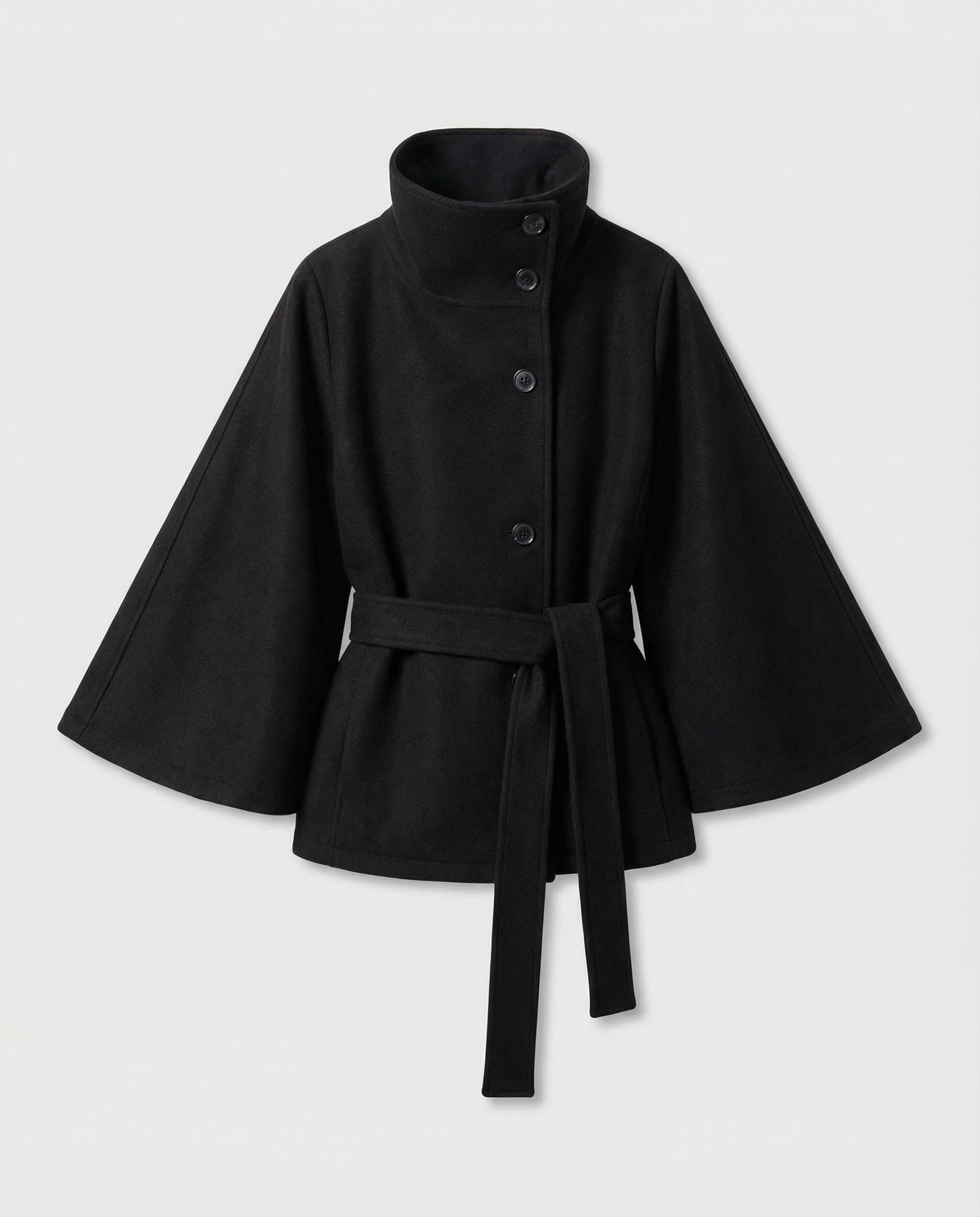 Women's belted wrap jacket with high collar and wide sleeves