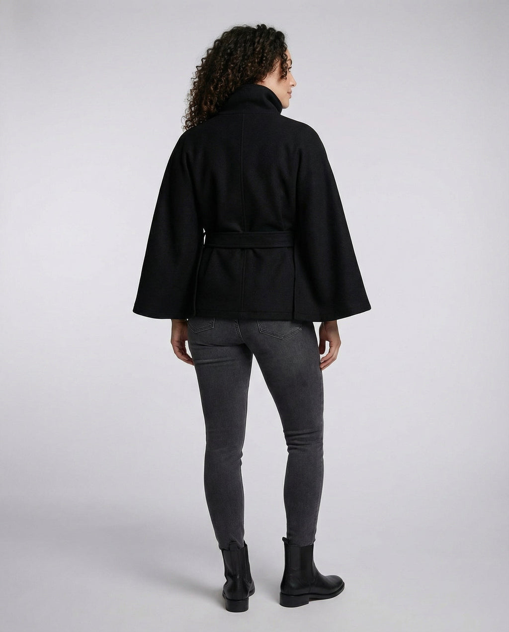 Women's belted wrap jacket with high collar and wide sleeves
