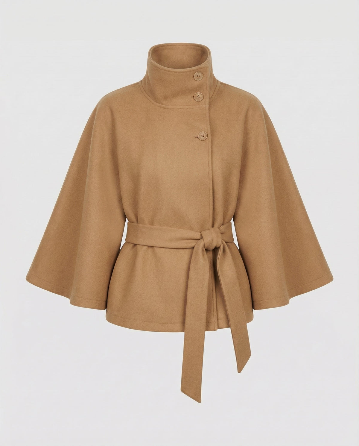 Women's belted wrap jacket with high collar and wide sleeves