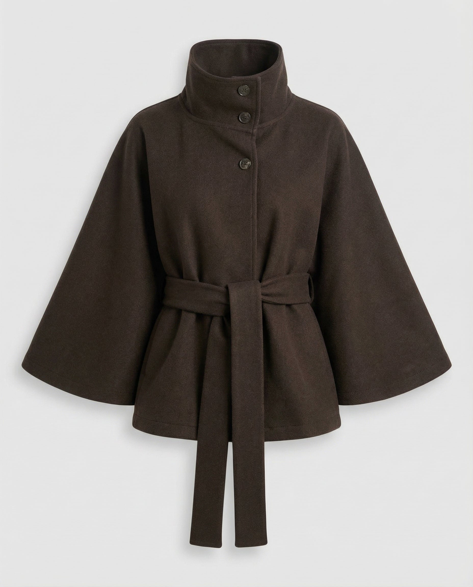 Women's belted wrap jacket with high collar and wide sleeves
