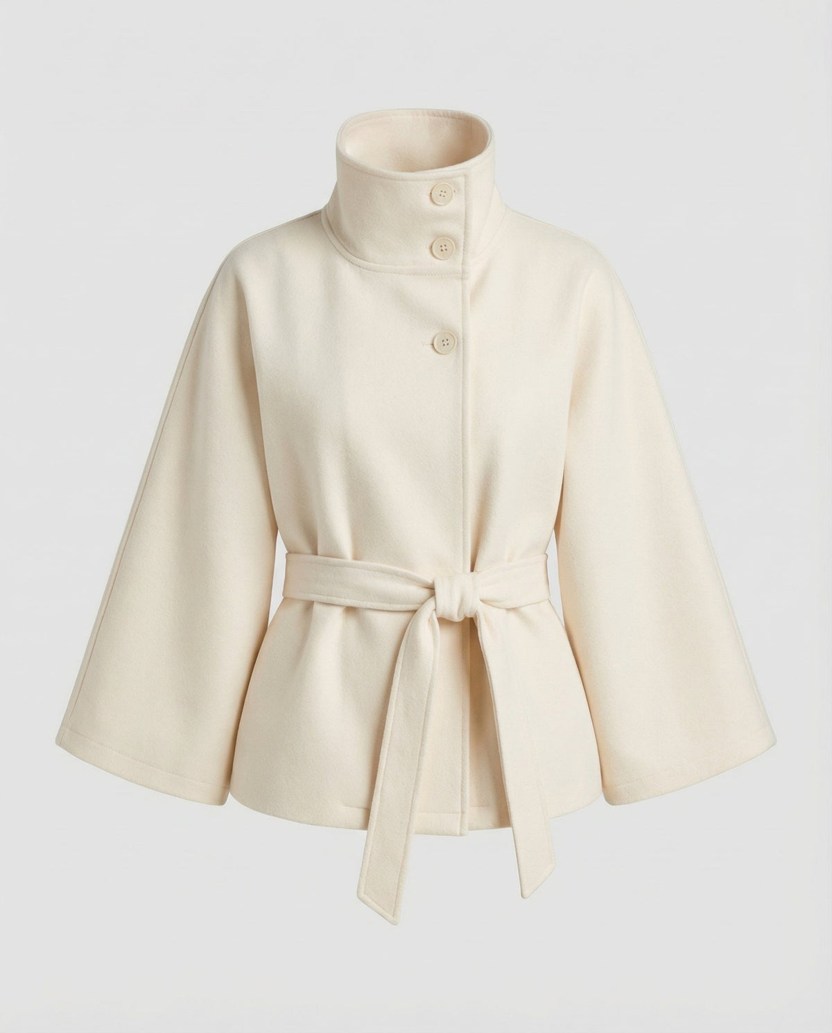 Women's belted wrap jacket with high collar and wide sleeves