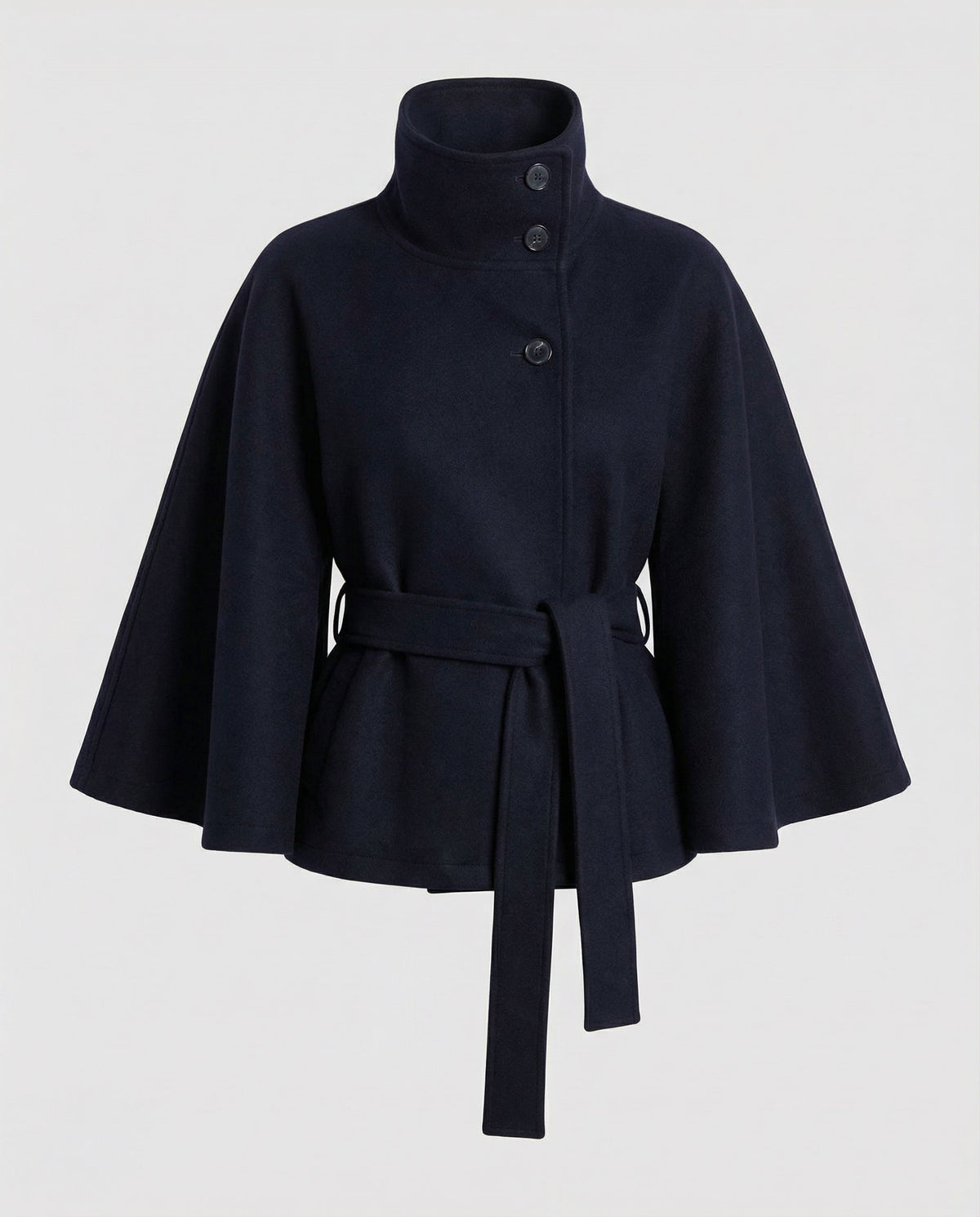 Women's belted wrap jacket with high collar and wide sleeves