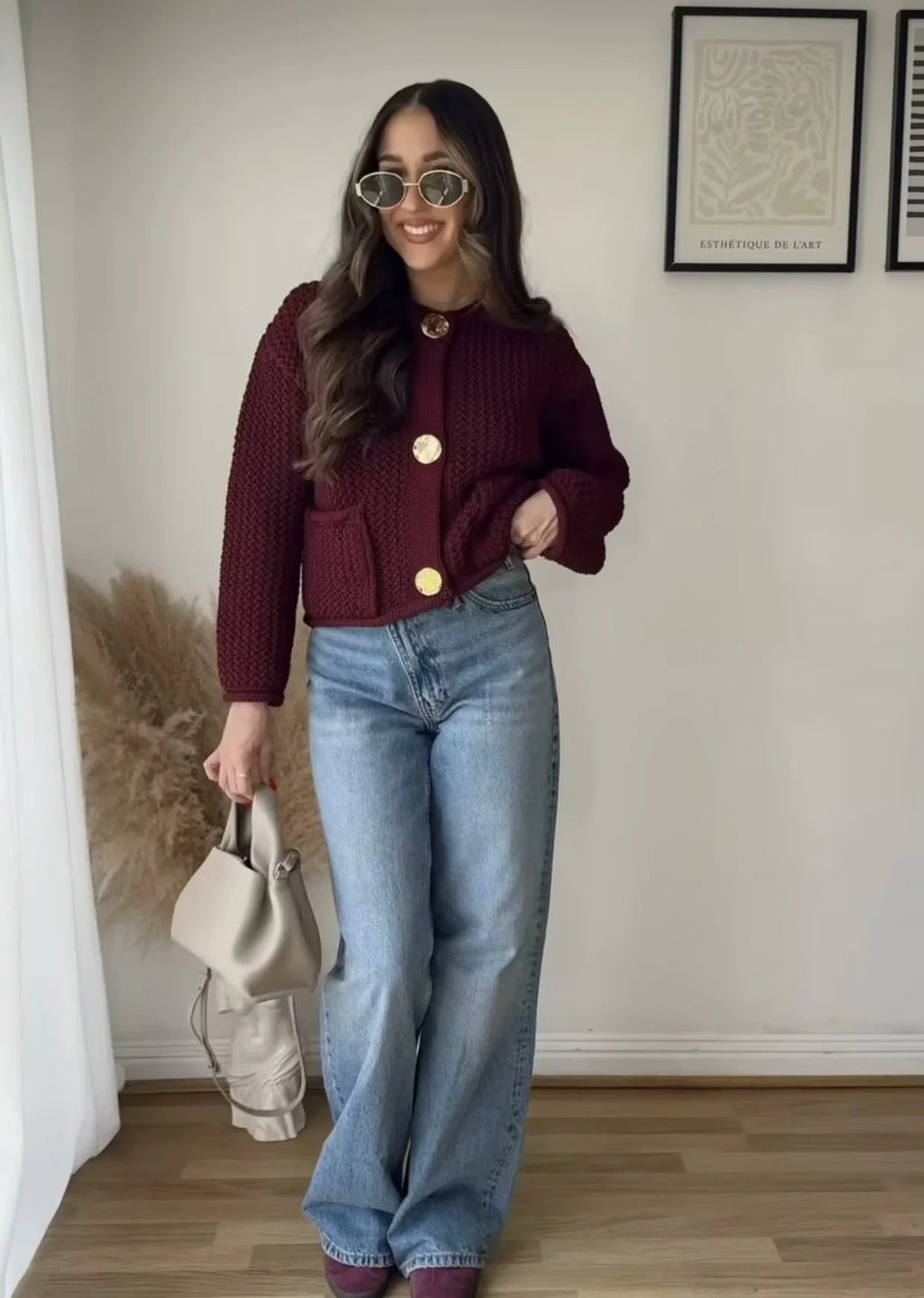 Women's deep wine textured knit cardigan with gold-tone buttons