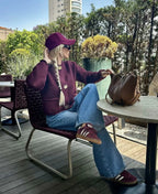 Women's deep wine textured knit cardigan with gold-tone buttons