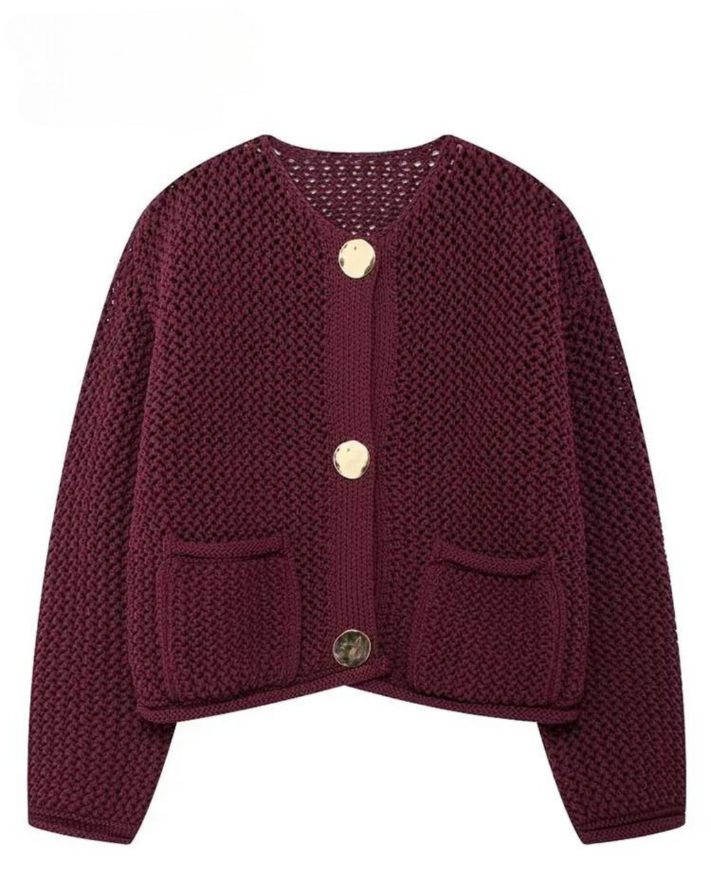 Women's deep wine textured knit cardigan with gold-tone buttons
