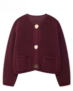 Women's deep wine textured knit cardigan with gold-tone buttons