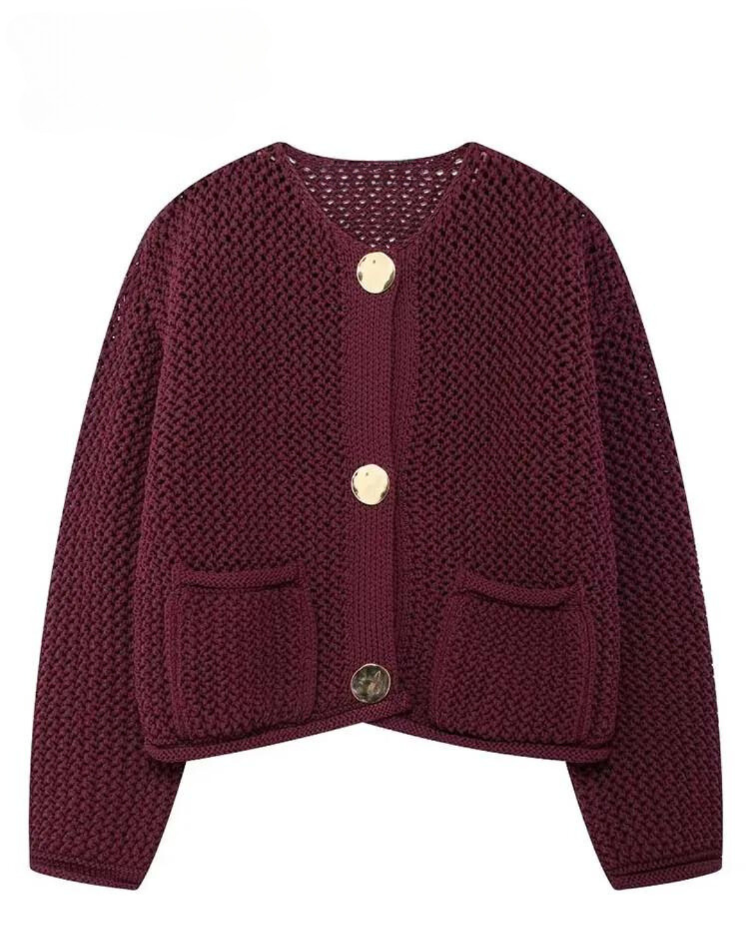 Women's deep wine textured knit cardigan with gold-tone buttons