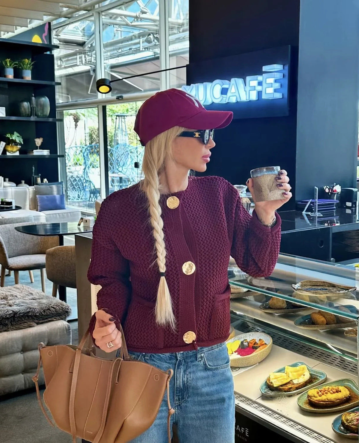 Women's deep wine textured knit cardigan with gold-tone buttons