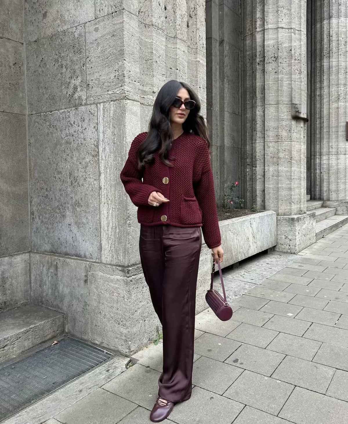 Women's deep wine textured knit cardigan with gold-tone buttons