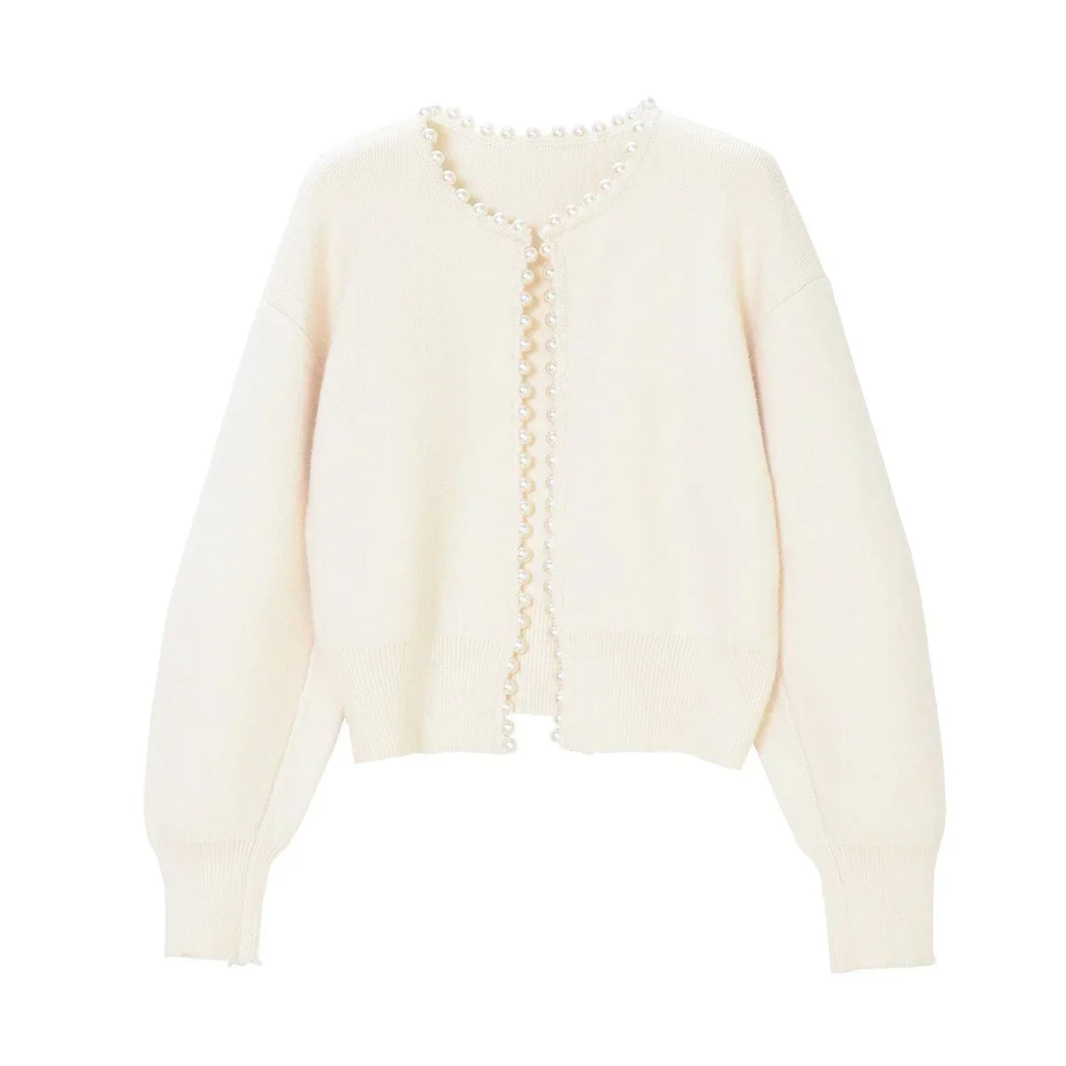 Women's open-front cardigan with pearl-style trim and long sleeves