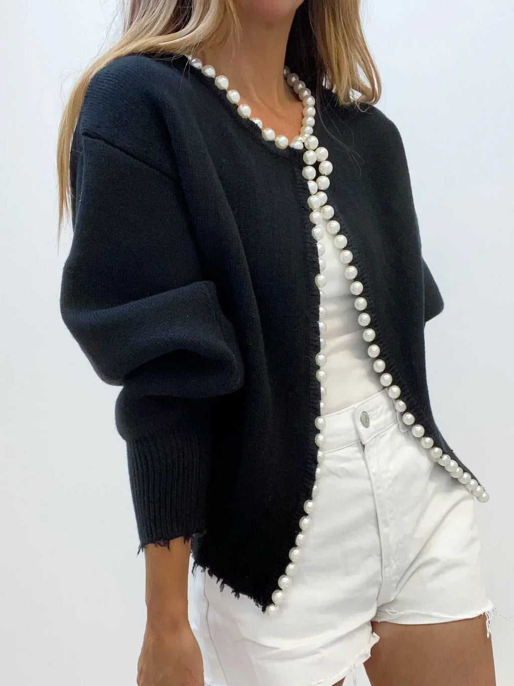 Women's open-front cardigan with pearl-style trim and long sleeves