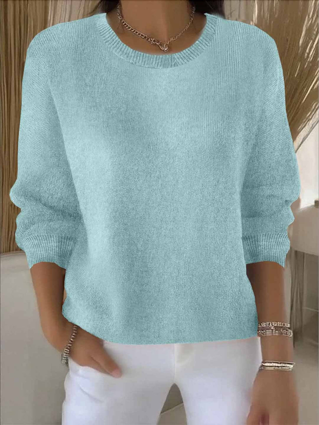 Women's plain crew neck jumper with long sleeves and ribbed trims