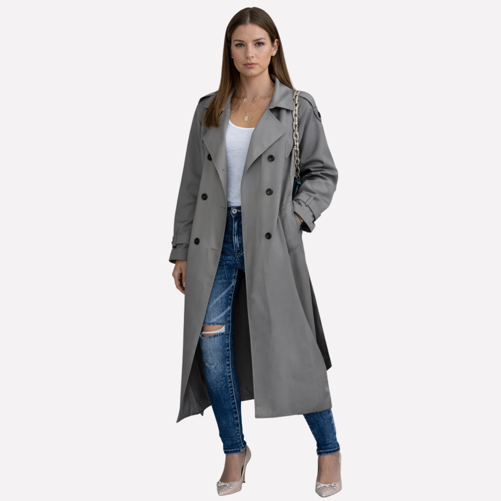 Women's long double-breasted trench coat with notched lapels and long sleeves