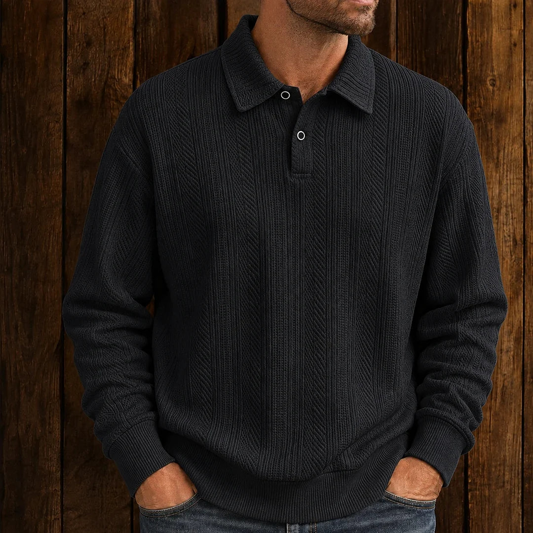 Men's long-sleeve textured polo sweater with collared neckline and button placket