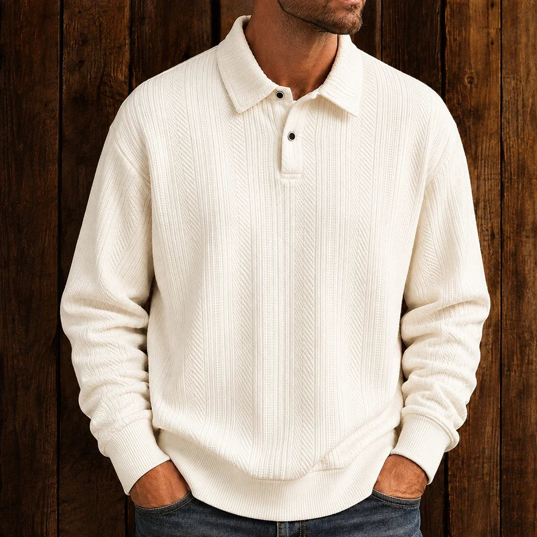 Men's long-sleeve textured polo sweater with collared neckline and button placket