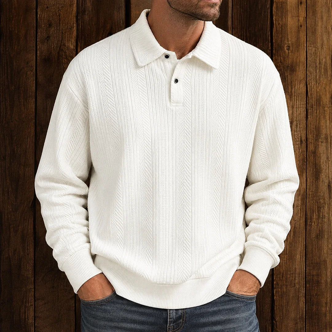 Men's long-sleeve textured polo sweater with collared neckline and button placket