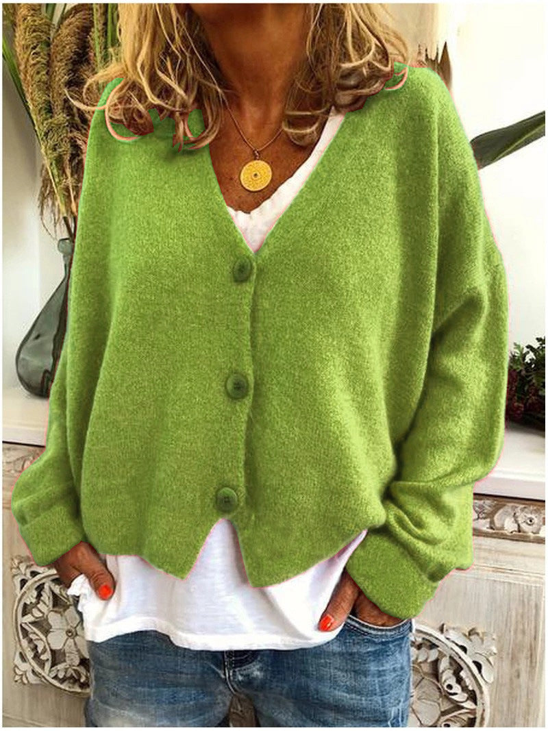 Women's long-sleeve V-neck button cardigan with ribbed cuffs and hem