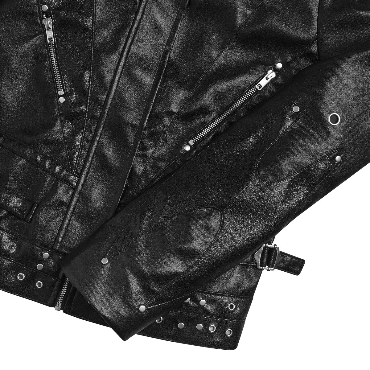 Black men's hooded jacket with textured trim, zipped front and multiple pockets