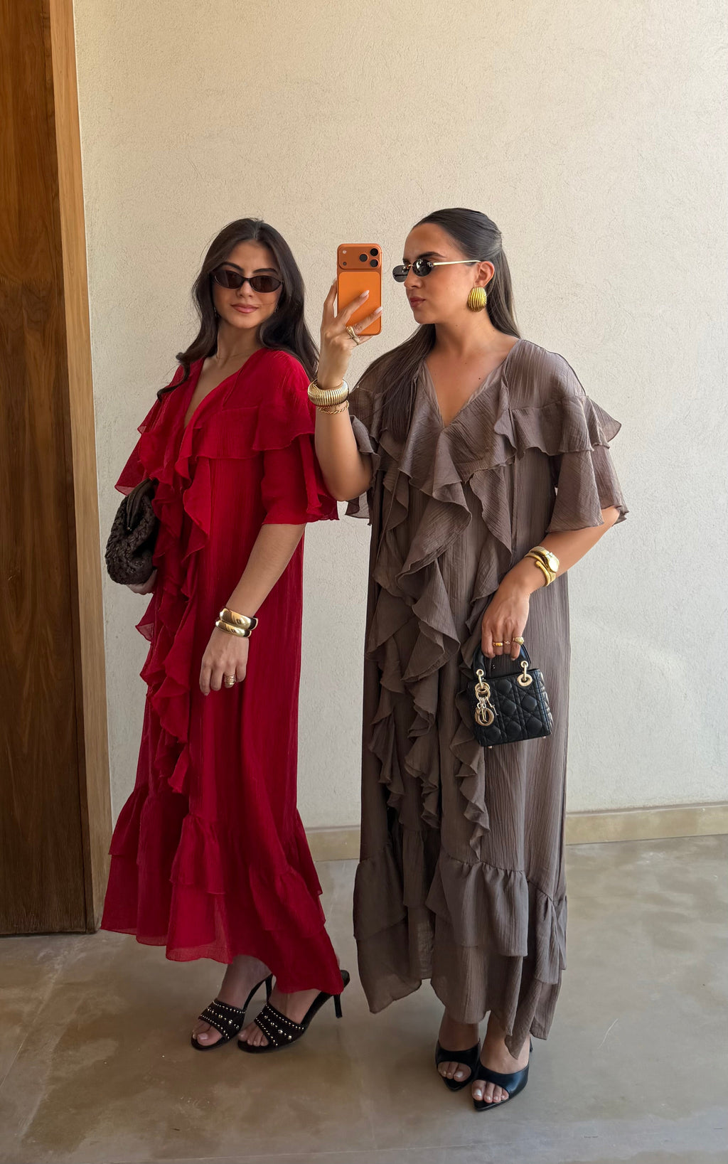 Women's red V-neck midi dress with short flutter sleeves and layered ruffles
