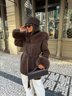 Women's brown wrap coat with wide textured collar and cuff trim