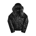 Black men's hooded jacket with textured trim, zipped front and multiple pockets