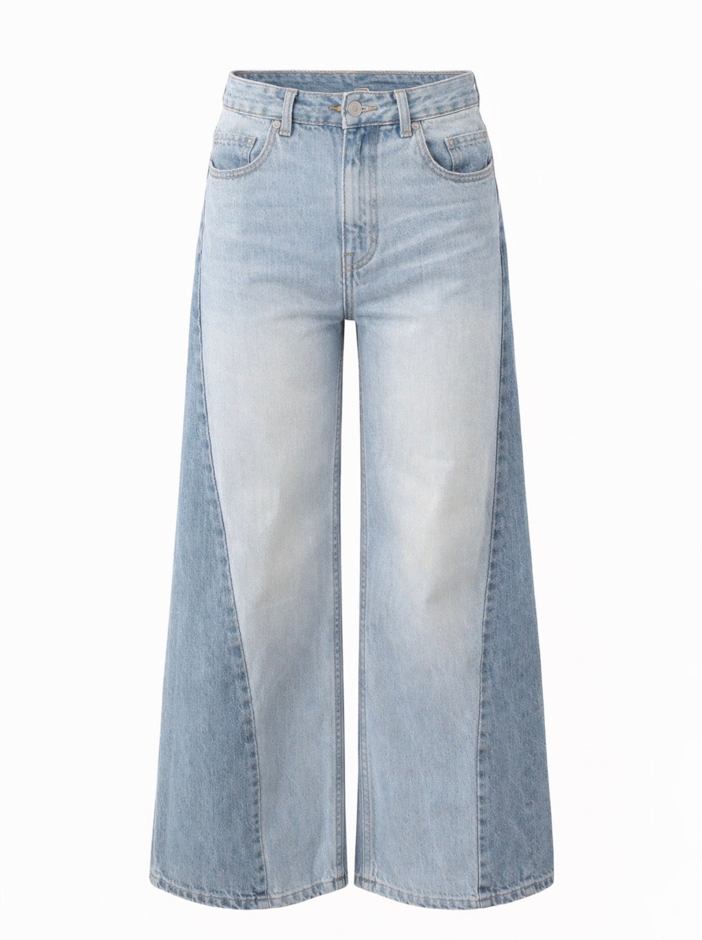 Women's light blue high-waisted wide leg jeans with darker side panels