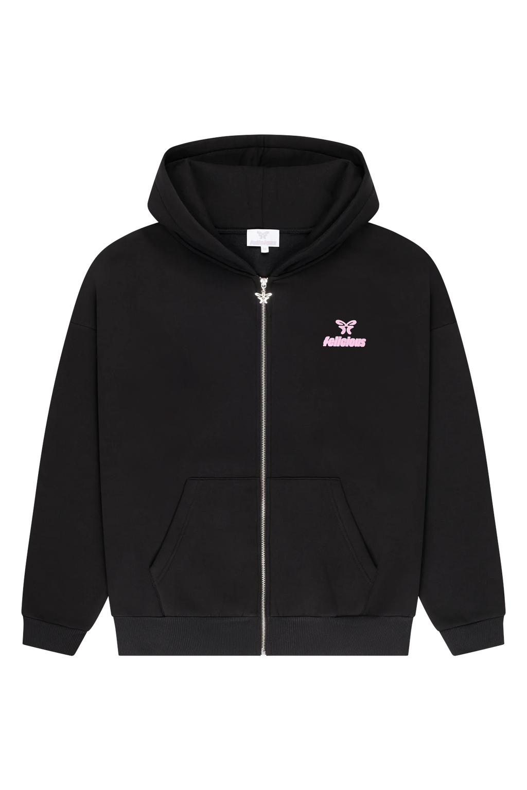 Women's black zip-up hoodie with hood, pink logo and front pocket