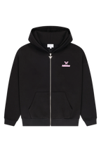 Women's black zip-up hoodie with hood, pink logo and front pocket