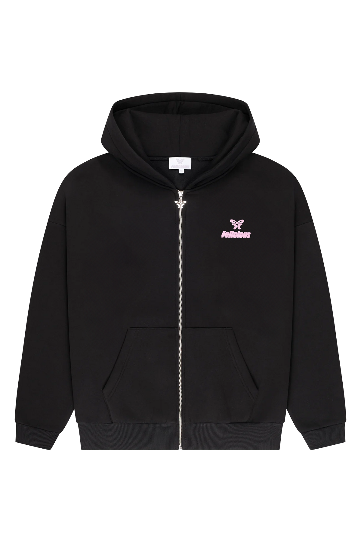 Women's black zip-up hoodie with hood, pink logo and front pocket