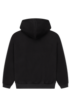 Women's black zip-up hoodie with hood, pink logo and front pocket