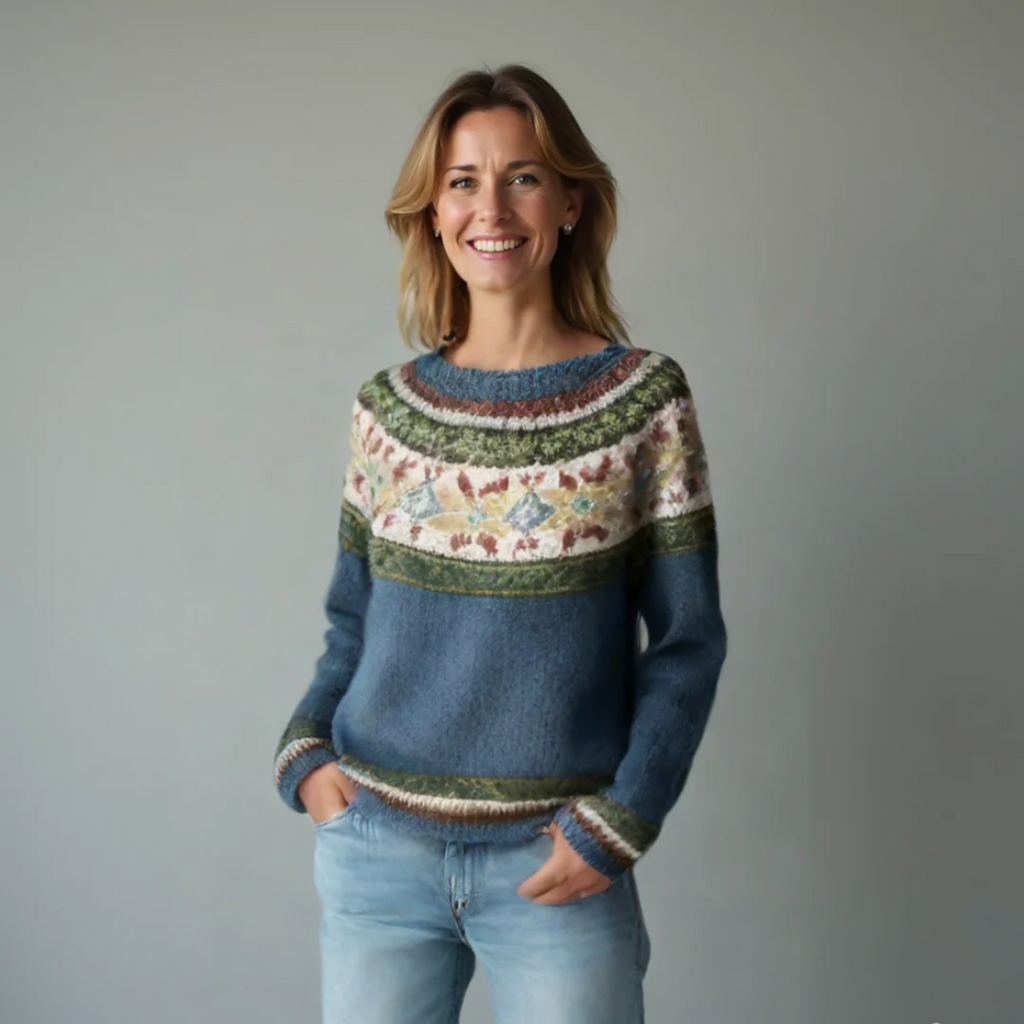 Women's striped Nordic jumper with boat neckline and long sleeves