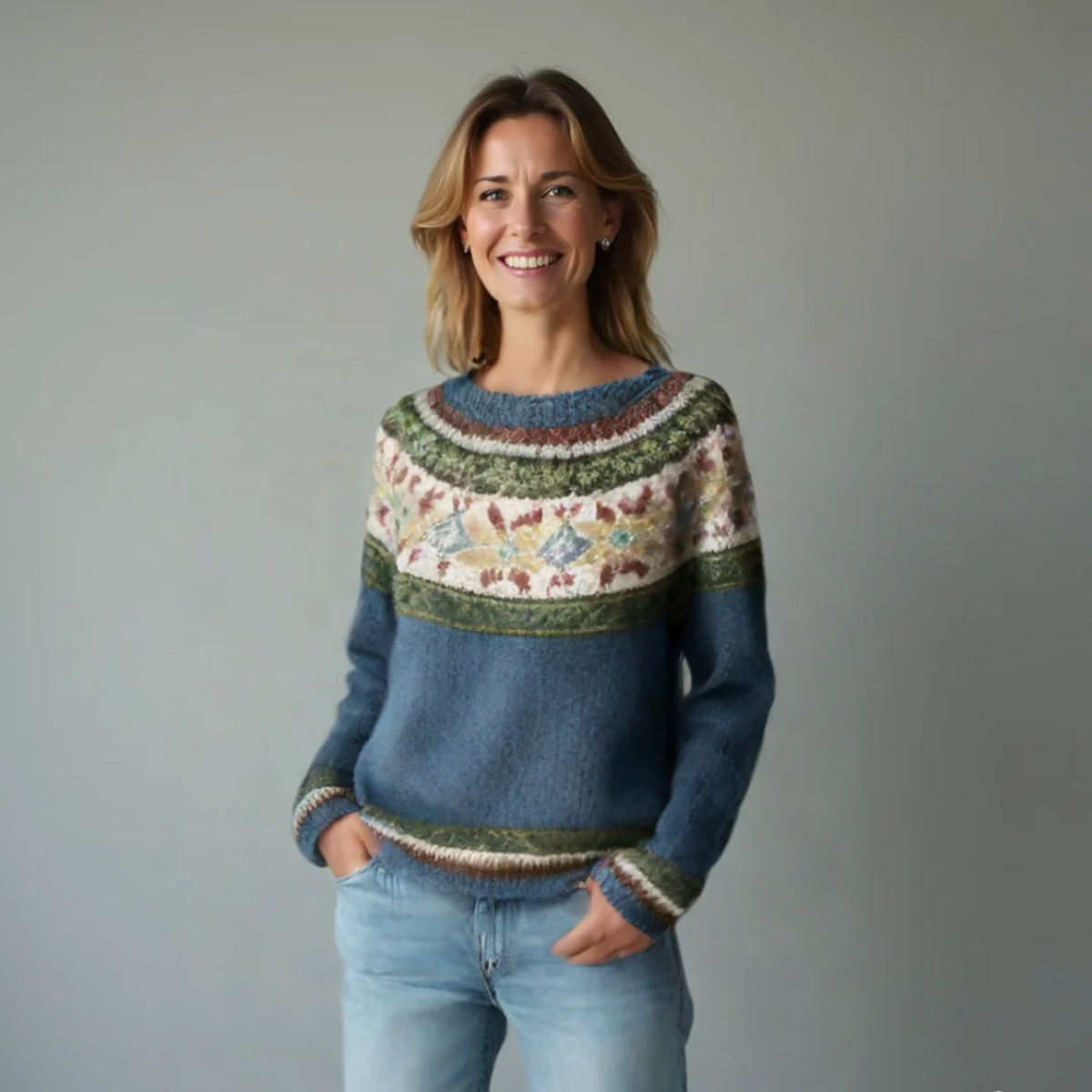 Women's striped Nordic jumper with boat neckline and long sleeves