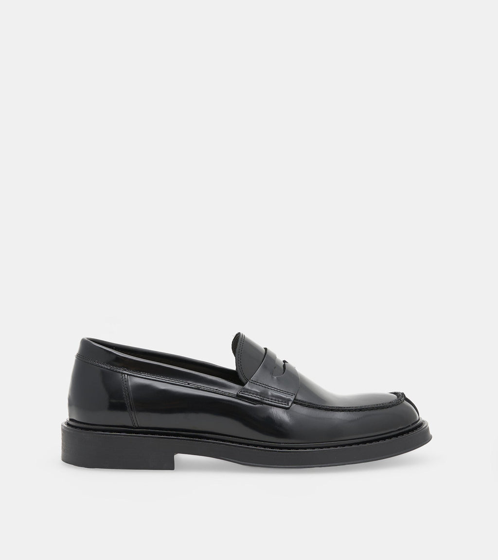 Men's glossy black penny loafers with rounded toes and low heels