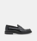 Men's glossy black penny loafers with rounded toes and low heels