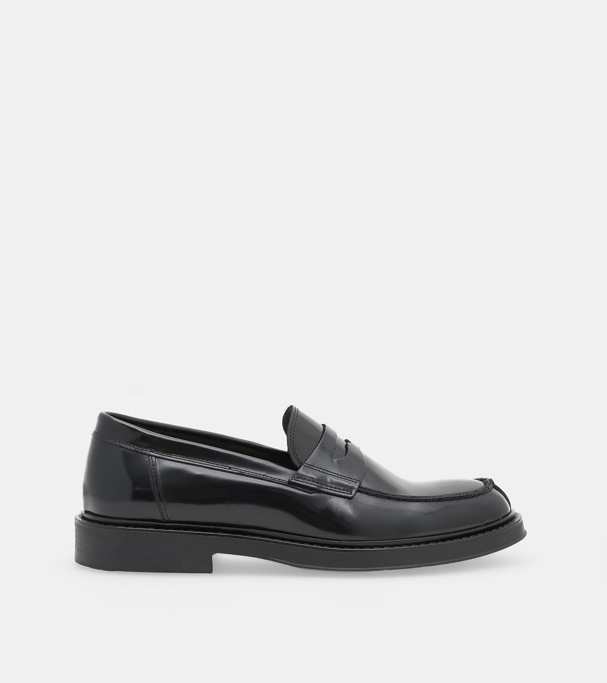 Men's glossy black penny loafers with rounded toes and low heels