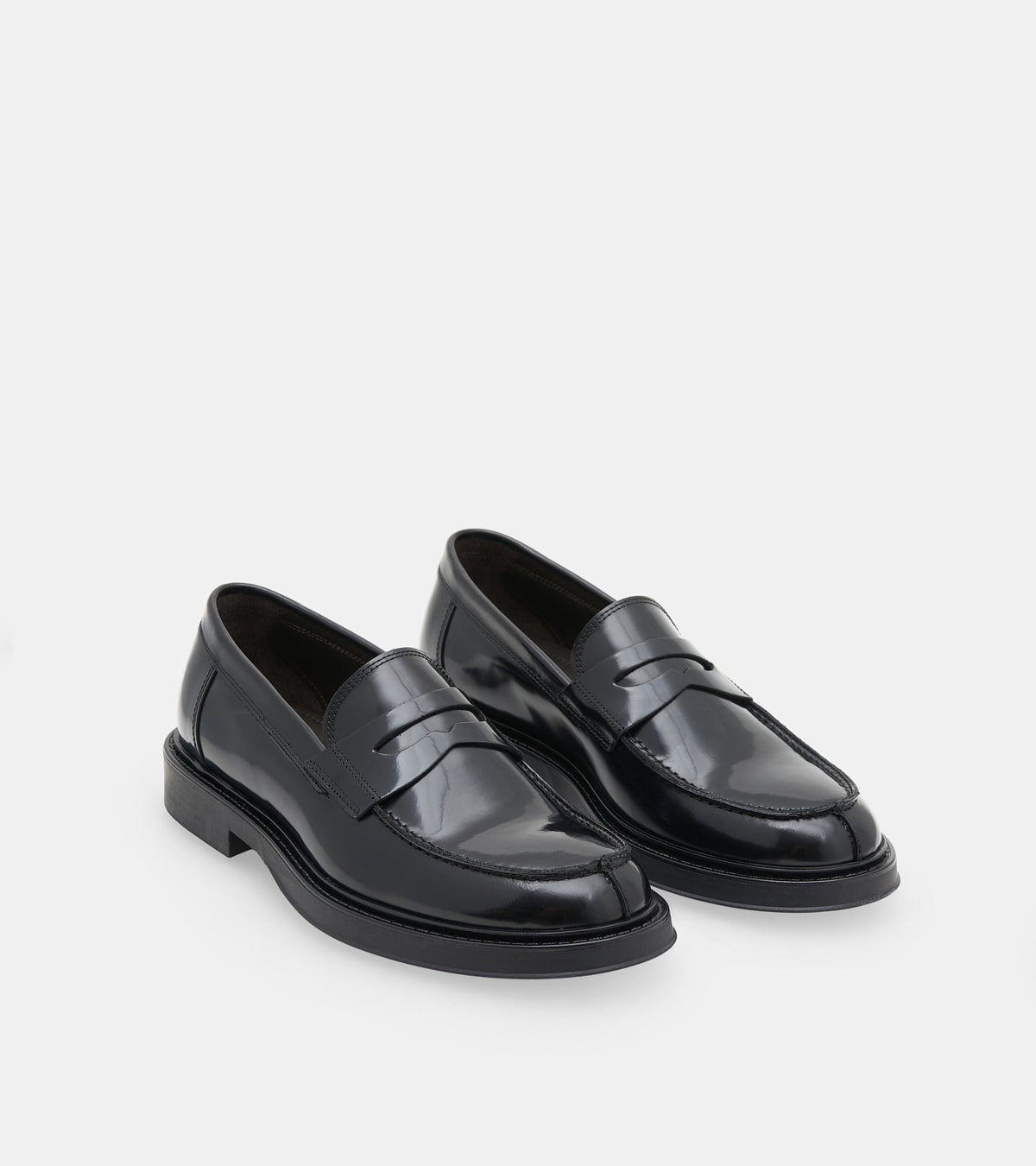 Men's glossy black penny loafers with rounded toes and low heels