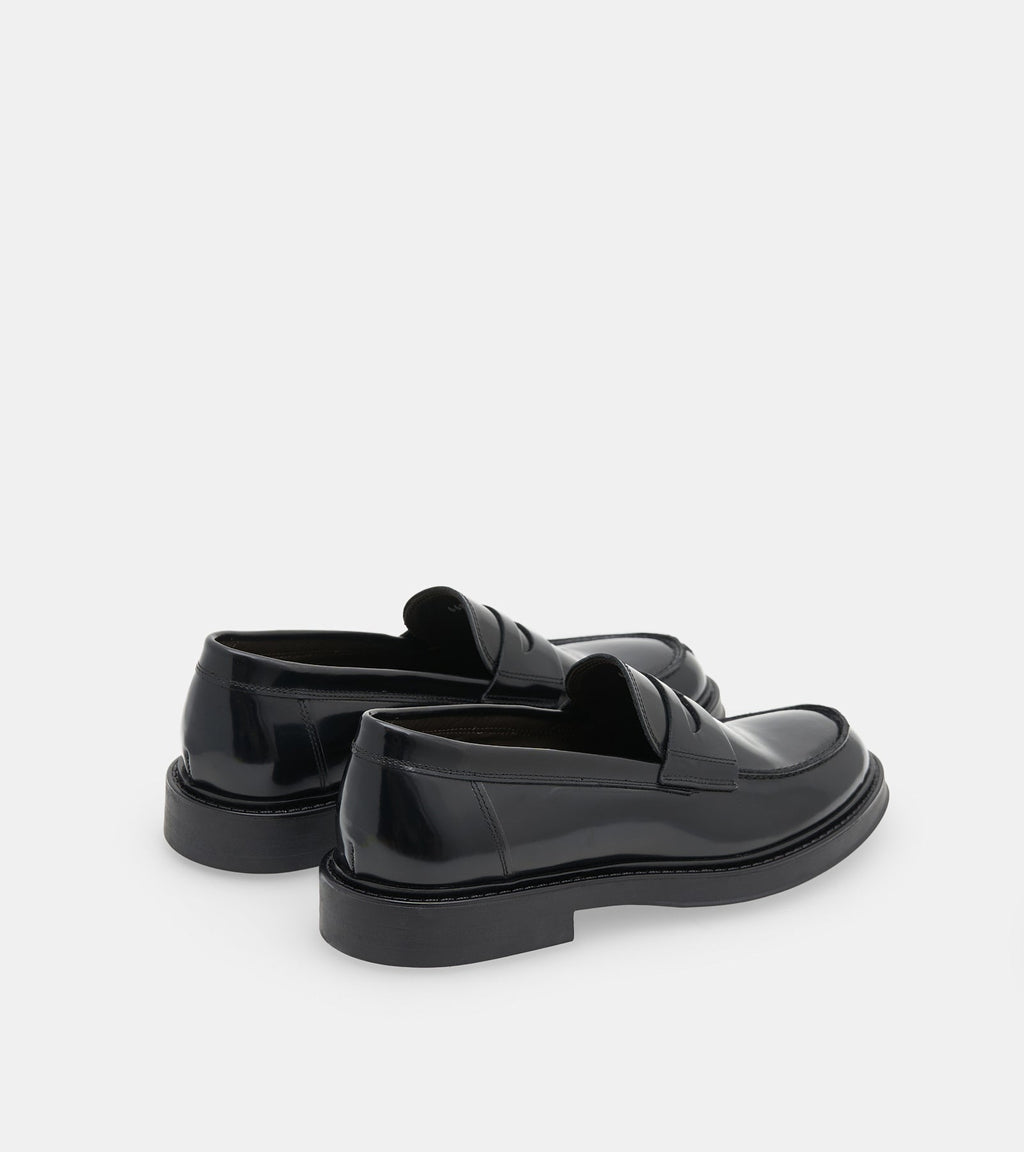 Men's glossy black penny loafers with rounded toes and low heels