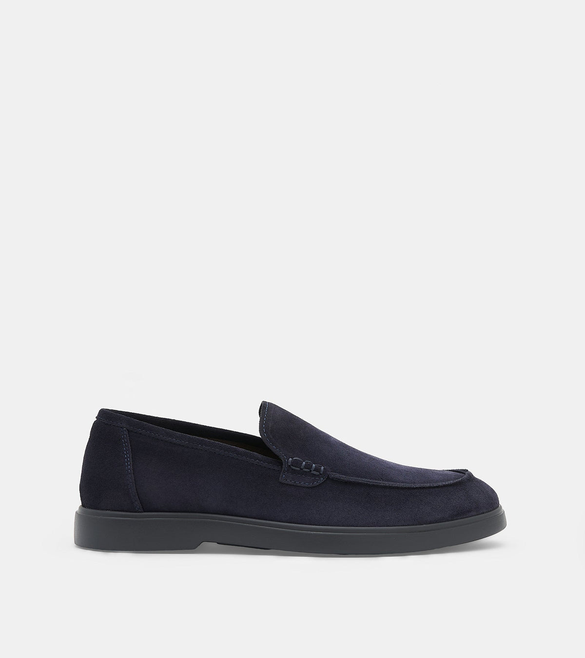 Men's navy blue slip-on loafers with penny strap detail and flat sole