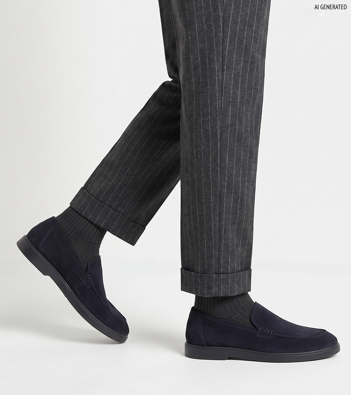 Men's navy blue slip-on loafers with penny strap detail and flat sole