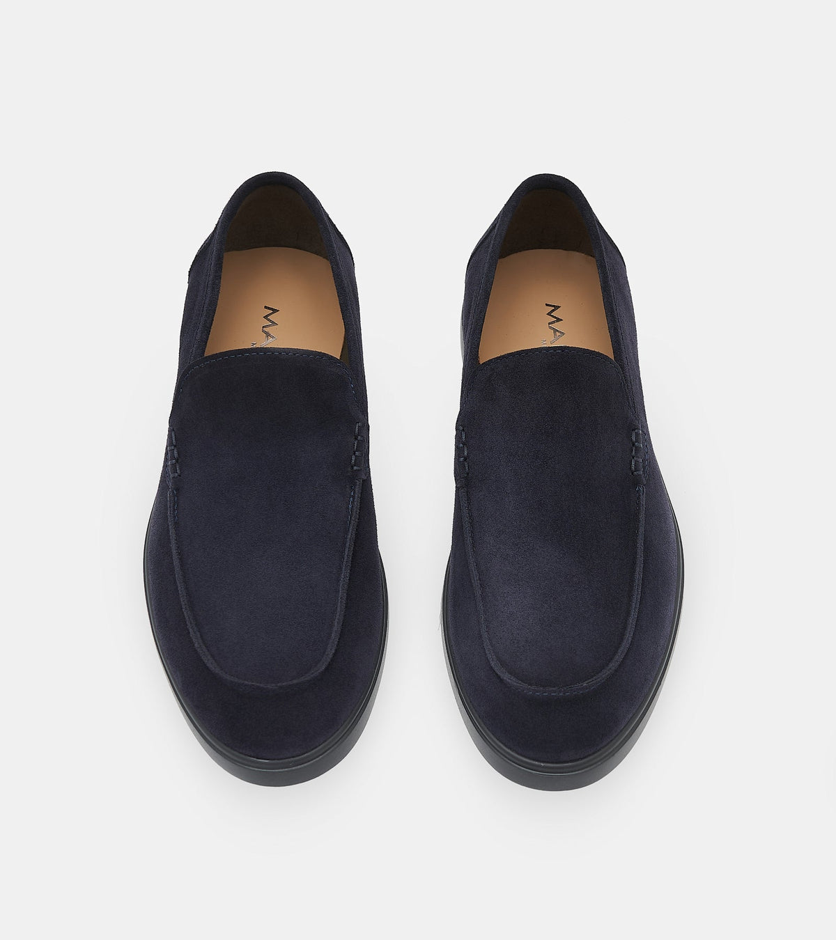 Men's navy blue slip-on loafers with penny strap detail and flat sole