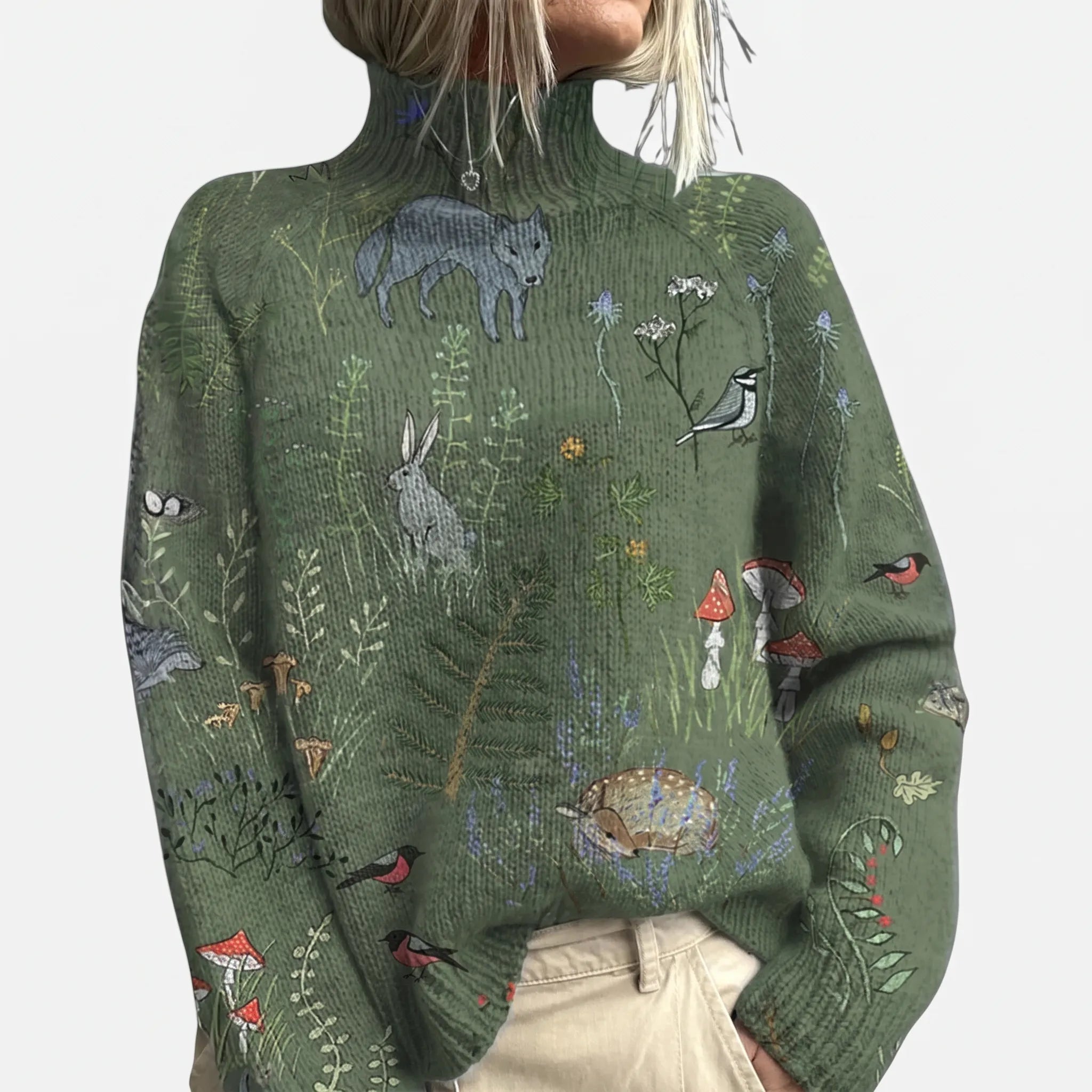 FaunaKnit  - Turtleneck Long Jumper With Nature Motif Cool Weather Layering