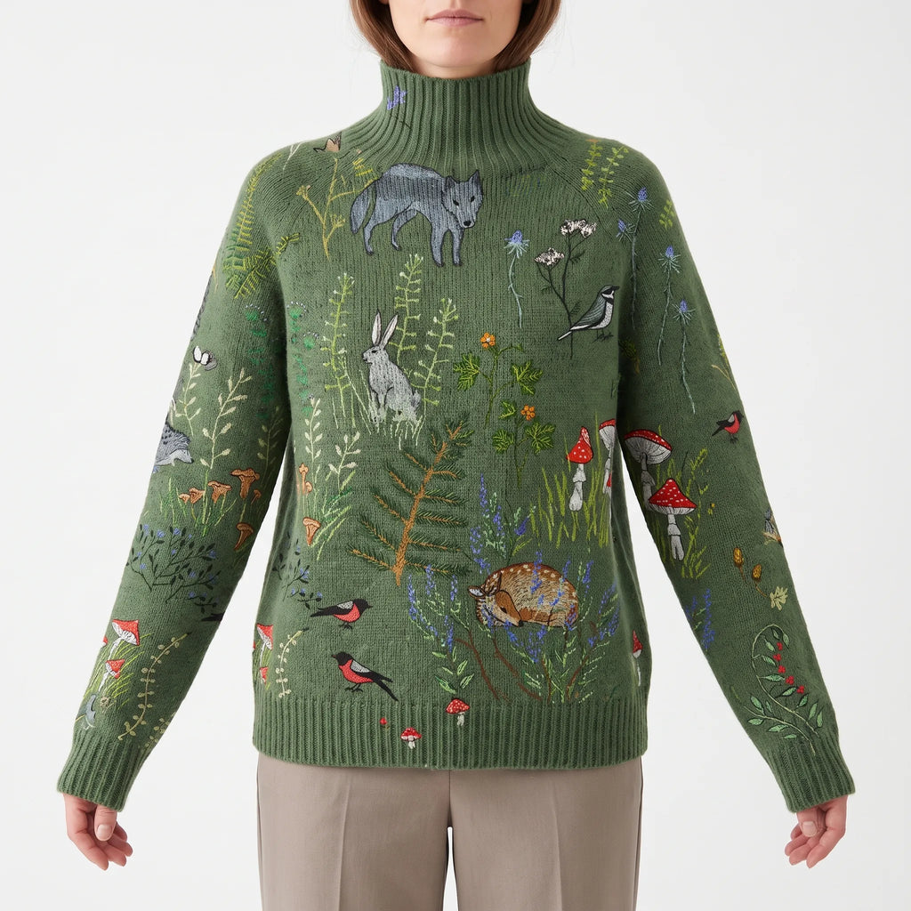 FaunaKnit  - Turtleneck Long Jumper With Nature Motif Cool Weather Layering