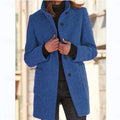 Women's stand collar coat with long sleeves, button front and patch pockets