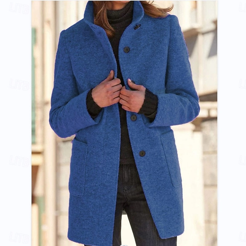 Women's stand collar coat with long sleeves, button front and patch pockets