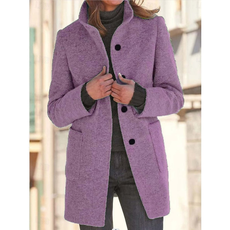 Women's stand collar coat with long sleeves, button front and patch pockets