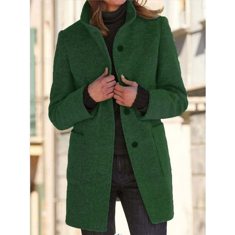 Women's stand collar coat with long sleeves, button front and patch pockets