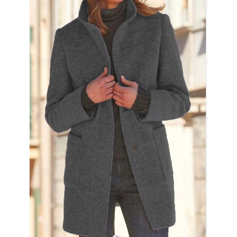 Women's stand collar coat with long sleeves, button front and patch pockets